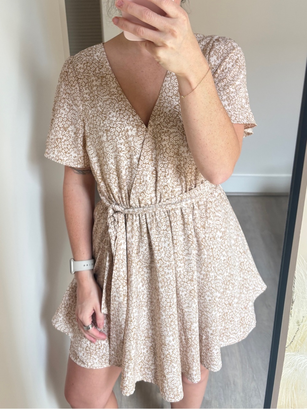 Beige Floral Wrap Mini Romper with Self-Tie Waist